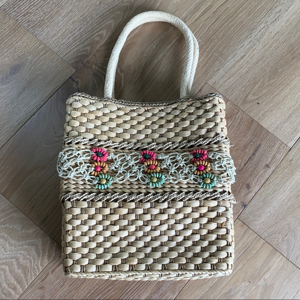 Vintage Woven Straw Tall Tote with Beaded Flowers